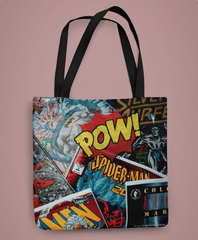 A tote bag covered in a collage of comic book covers and images