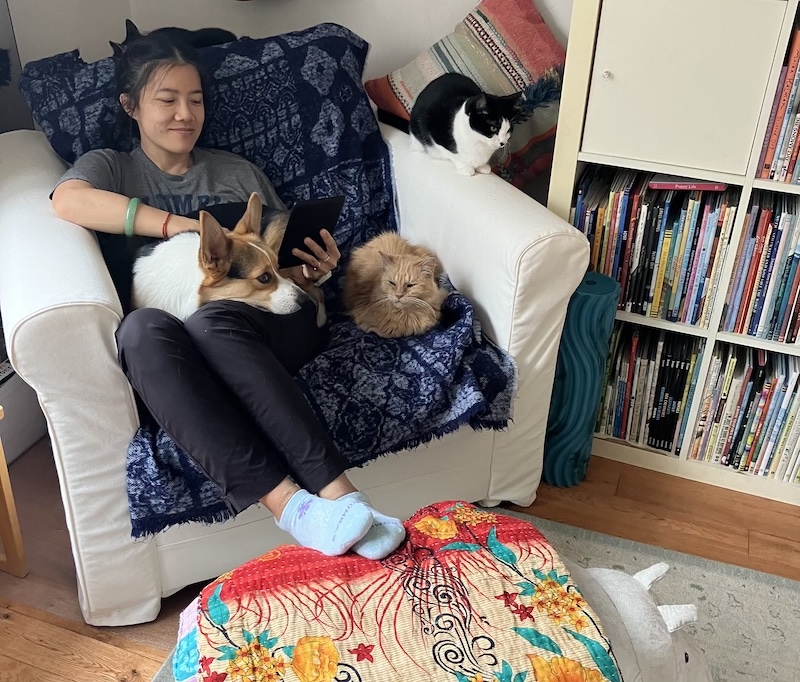 The newsletter author reading surrounded by her pets.
