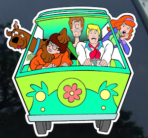 decal sticker of the front of the scooby doo van with all the characters inside screaming