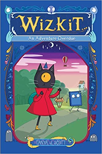 cover of Wizkit: An Adventure Overdue by Tanya J. Scott; illustration of cat and book walking down a road