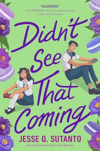 cover of Didn't See That Coming by Jesse Q. Sutanto; illustration of teen boy and girl with headsets and game controllers