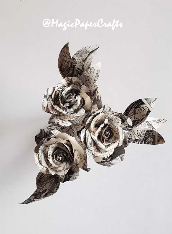 Three roses folded from manga pages
