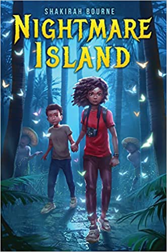 cover of Nightmare Island by Shakirah Bourne; illustration of a young Black girl and boy walking through the woods at night, surrounded by glowing white moths