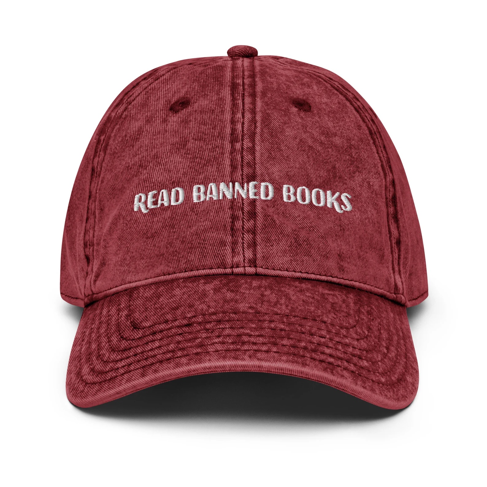 a photo of a red hat that says "read banned books" on the front