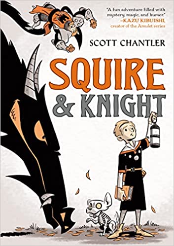 cover of Squire & Knight by Scott Chantler; illustration of a young boy holding a lantern, a dragon, and a dog made of bones