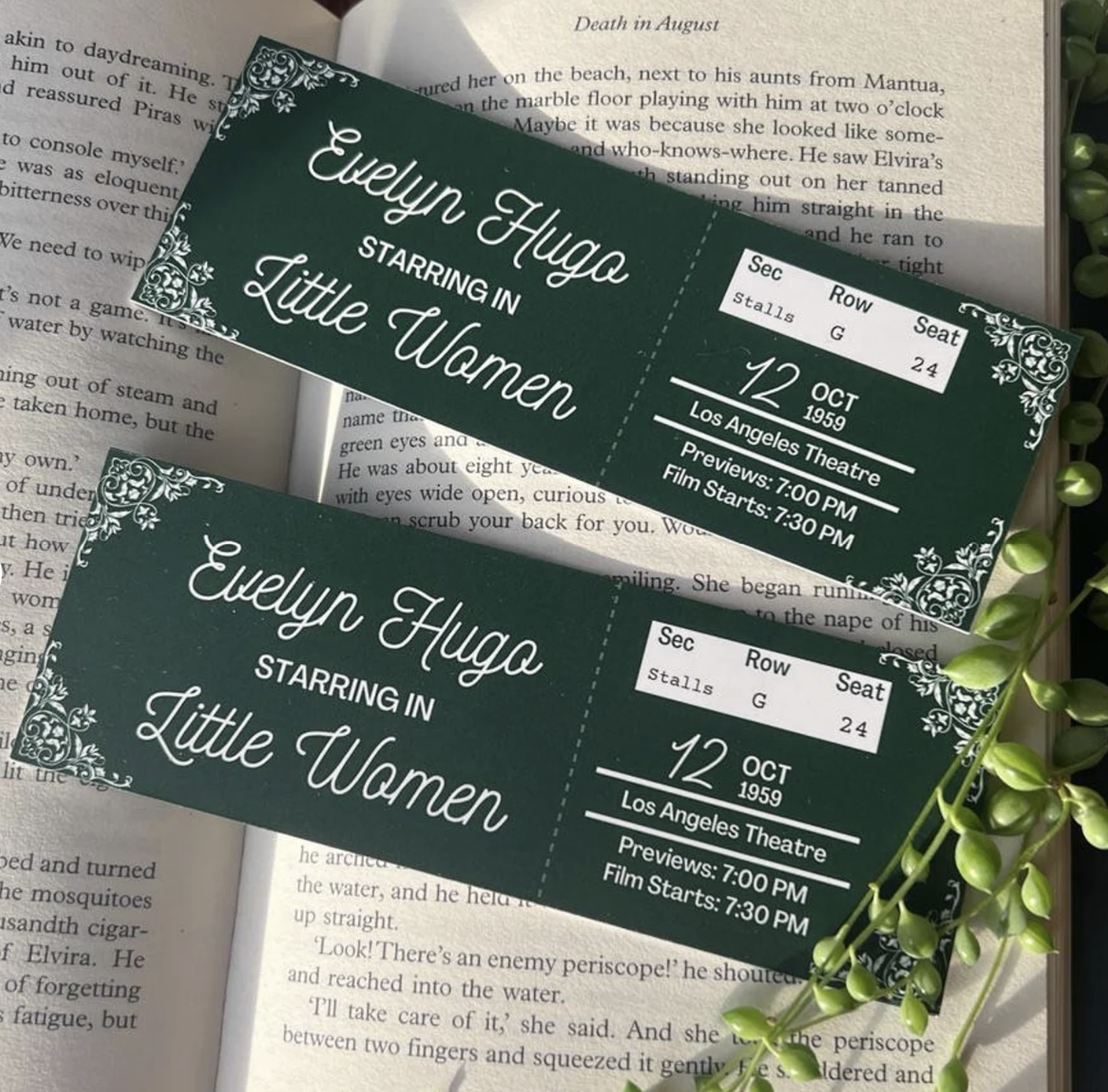 Green Bookmark designed to look like a ticket to see Evelyn Hugo starring in Little Women. 