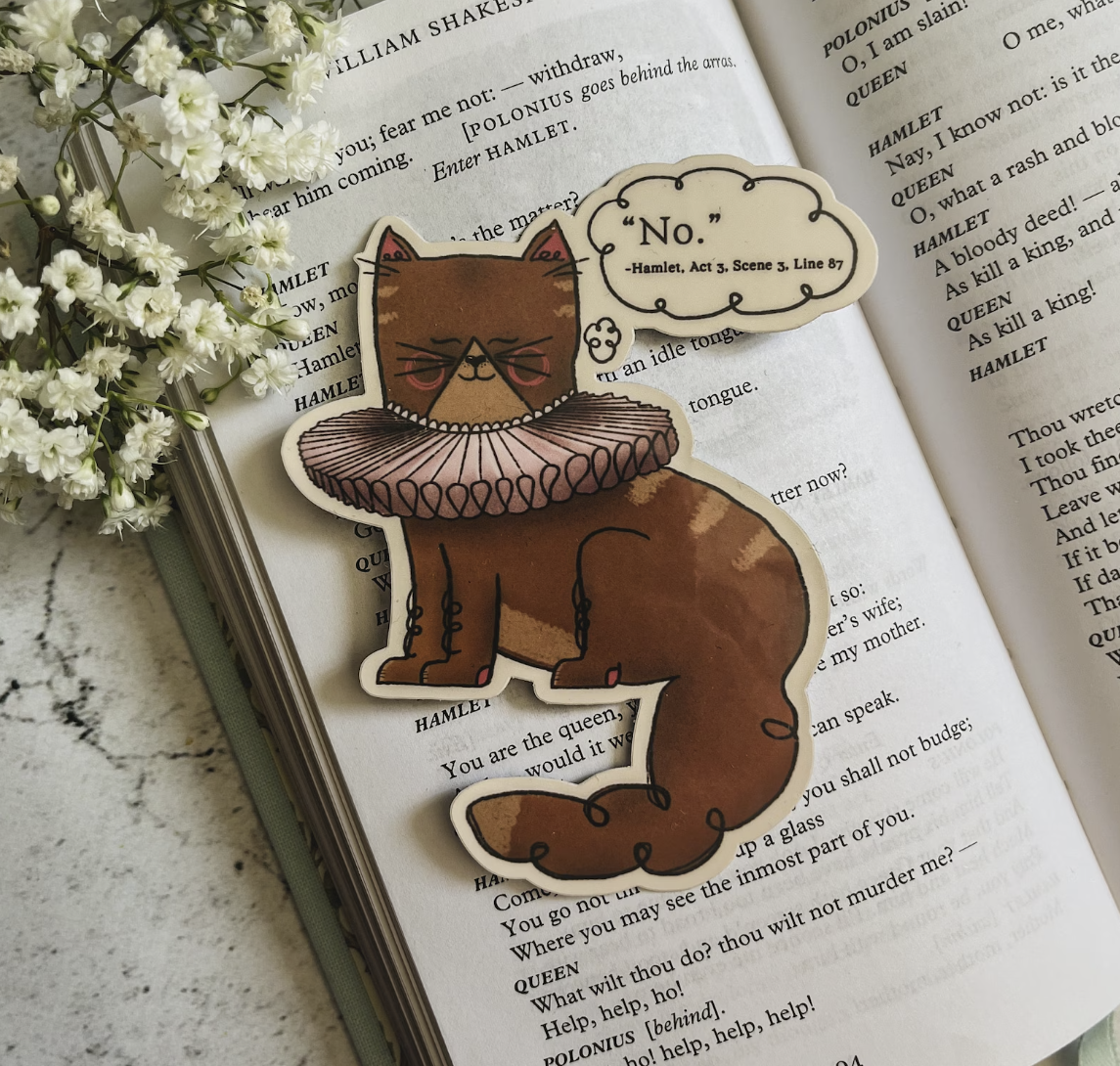 Sticker of a grumpy cat wearing a ruff around it's neck with a speech bubble with a quote from Shakespeare: "No," Hamlet Act 3, Scene 3, Line 87