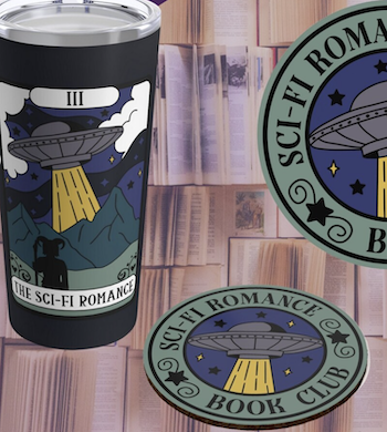 a photo of a tumbler and stickers with tarot card like illustrations of a flying saucer and the text Sci-Fi Romance