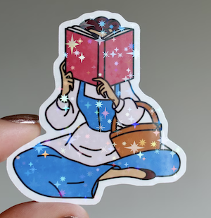 vinyl sticker of Belle reading a book