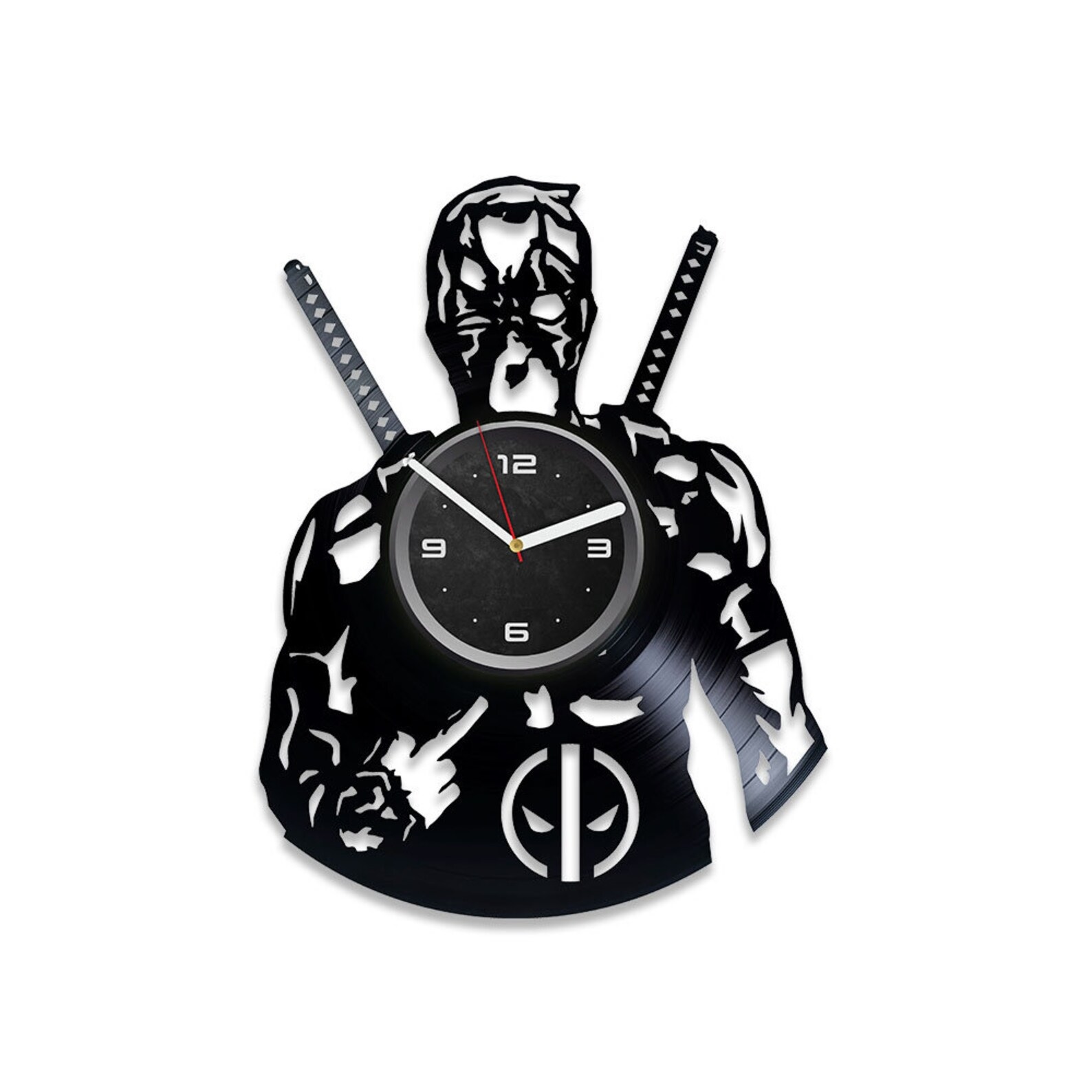 A vinyl wall clock shaped like Deadpool giving the viewer the finger