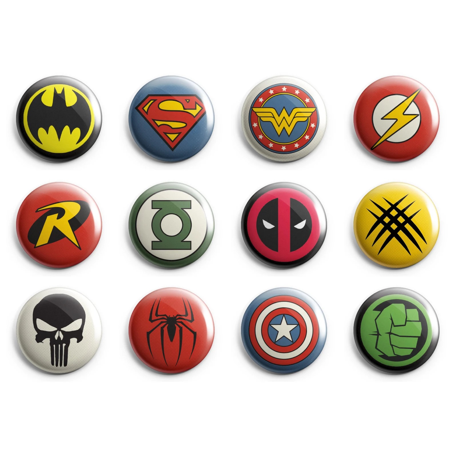 A set of twelve pins with famous superhero logos on them
