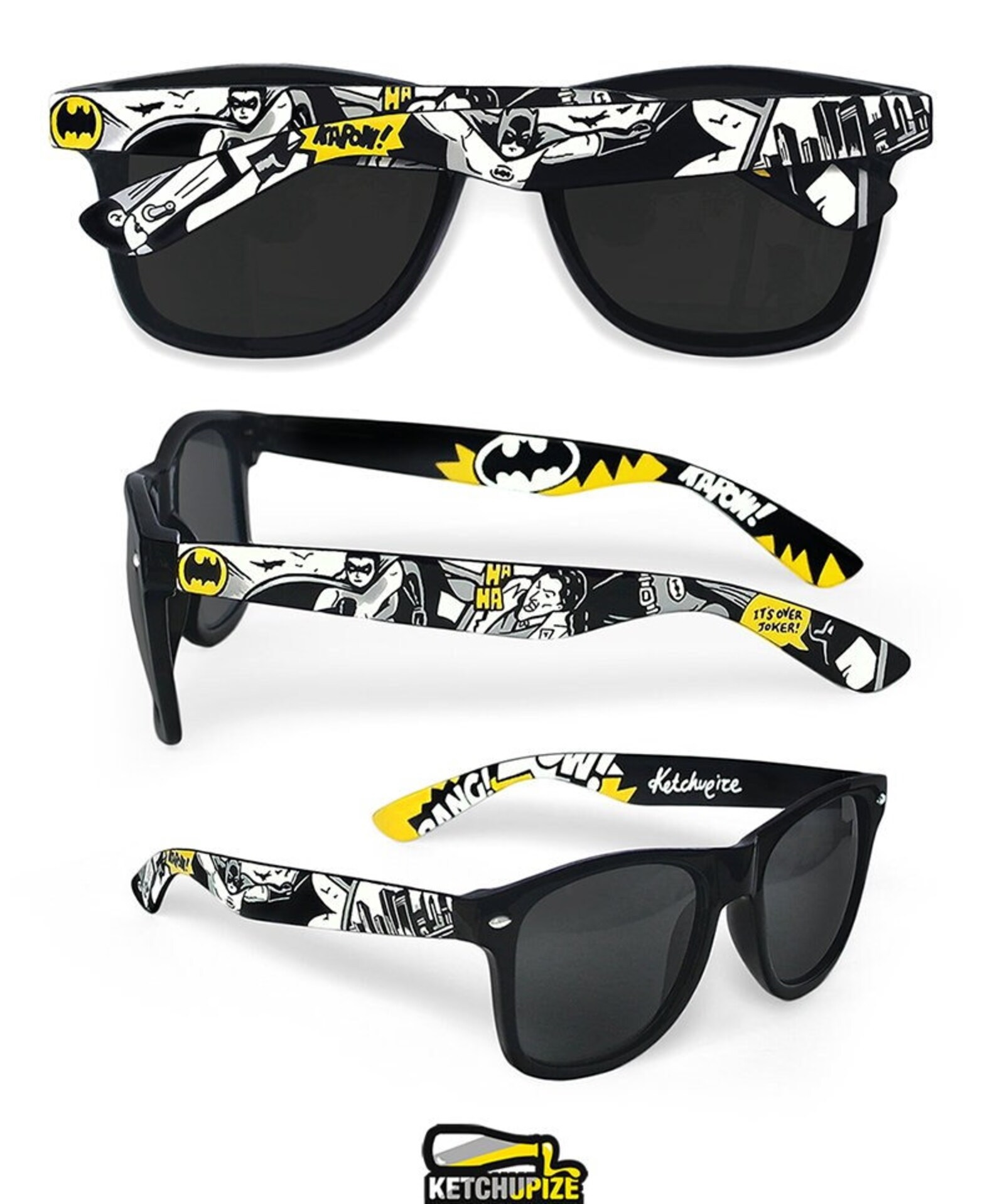 A pair of sunglasses with Batman and Robin fighting the Joker on the temples