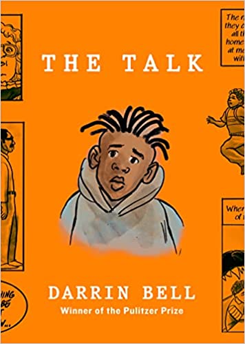 cover of The Talk by Darrin Bell; orange with a cartoon illustration of a young Black man wearing a gray hoodie