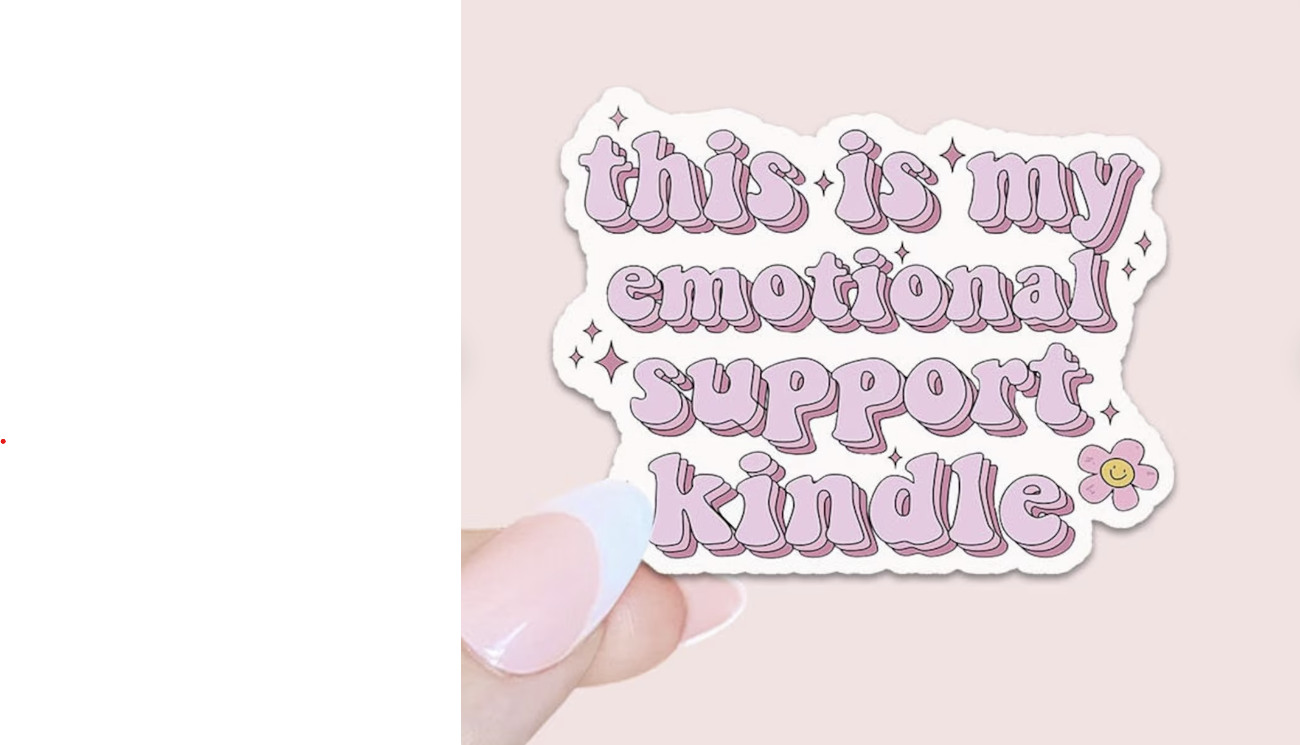 Typography sticker with lavender bubble letters reading "this is my emotional support kindle" with stars and a daisy decorating the edges