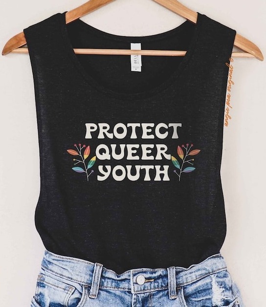 a photo of a black tank top with the text Protect Queer Youth