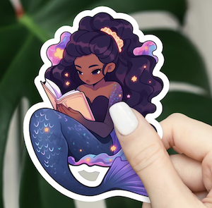 digital illustration of a black mermaid reading a book sticker