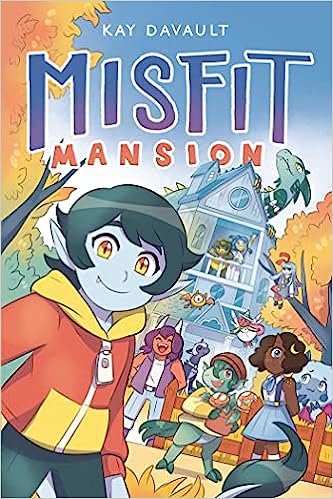 cover of Misfit Mansion by Kay Davault; cartoon drawing of many different monsters standing in front of a big house