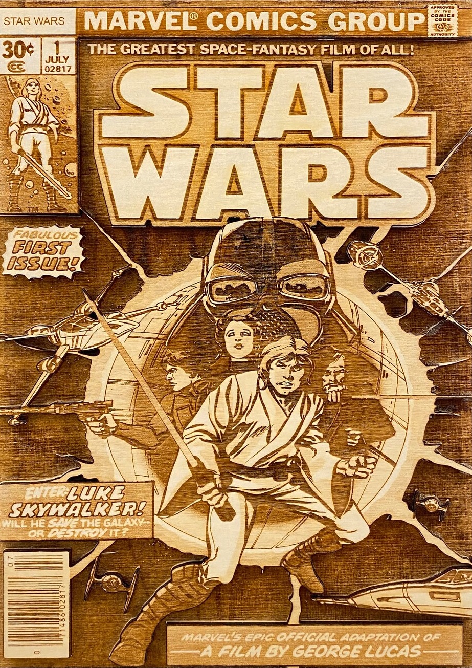 A wooden etching of the cover of Star Wars #1