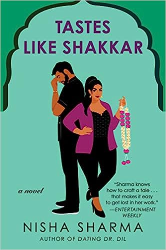 cover of Tastes Like Shakkar by Nisha Sharma; illustration of a Desi couple, a man and a woman, standing in the center