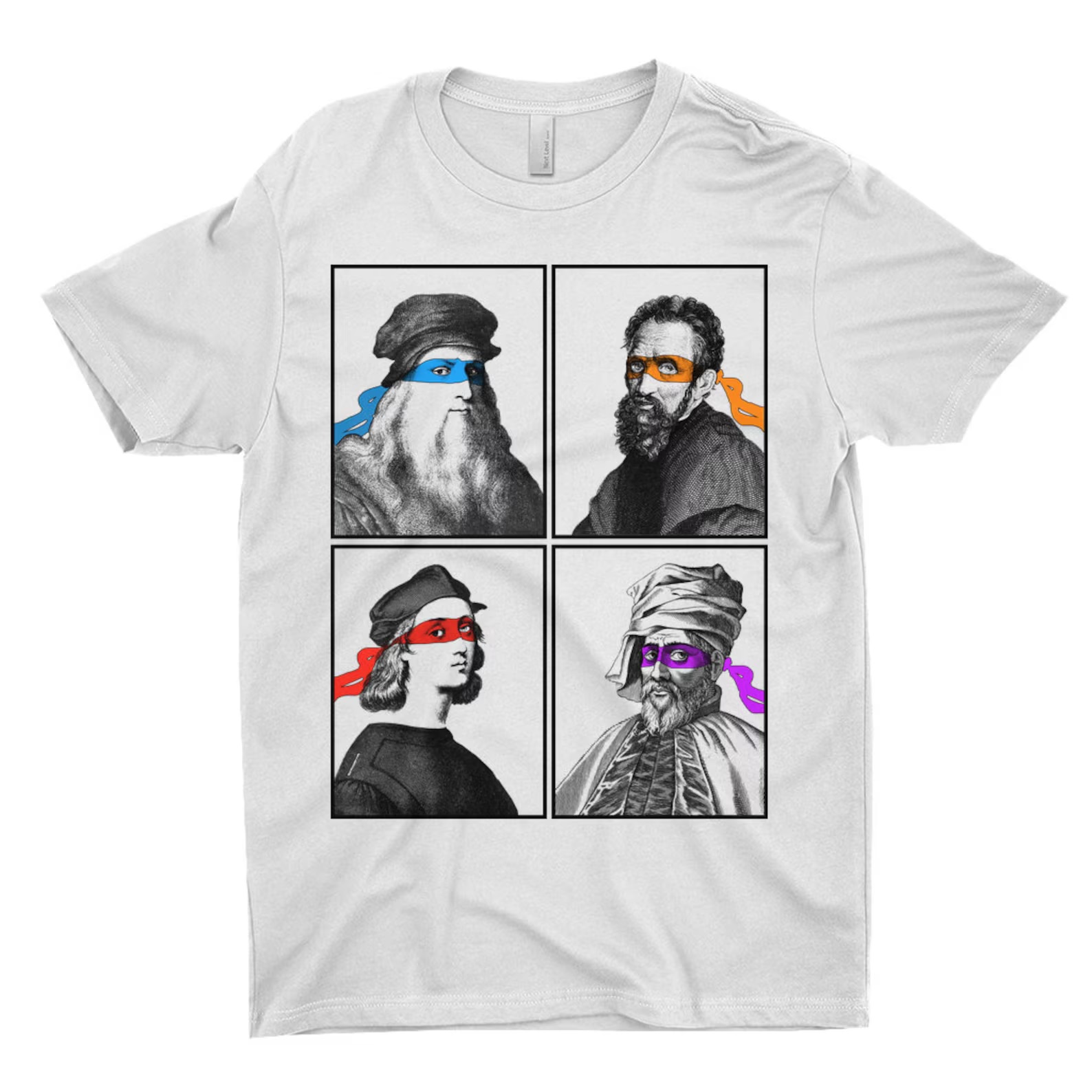 A white t-shirt with images of Renaissance painters Leonardo, Donatello, Raphael, and Michelangelo wearing ninja turtles masks