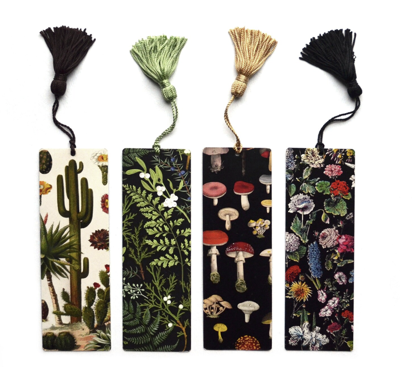 Four reversible botanical bookmarks featuring illustrations of cactuses, ferns, mushrooms, and flowers with tassels.