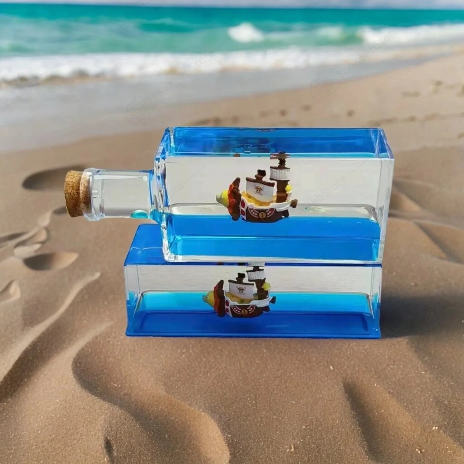Two ships in a bottle, stacked one atop the other, each featuring a pirate ship