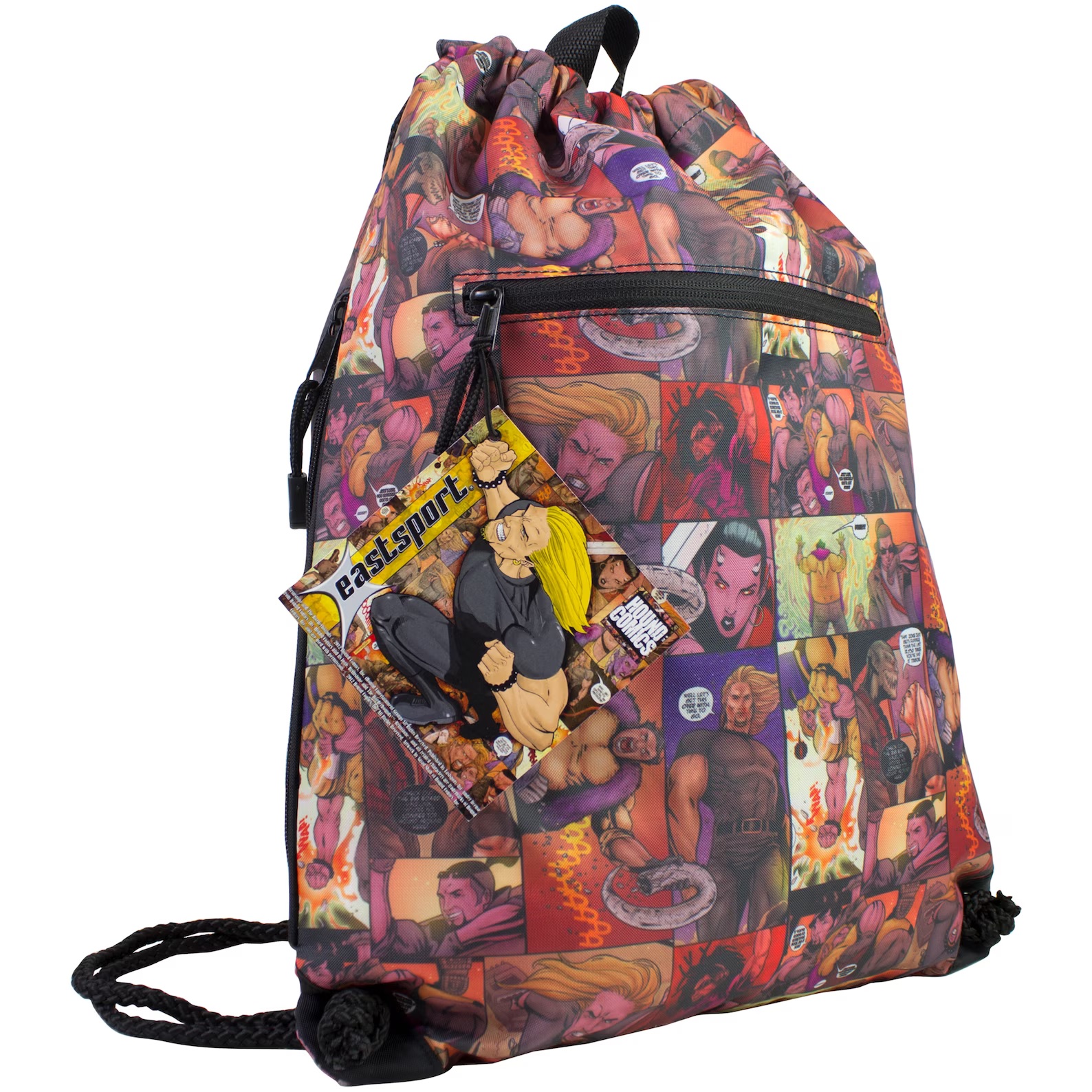 A drawstring backpack covered in prints of comic book panels