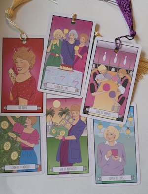 6 tarot cards with graphic illustrations of the golden girls that have turned into bookmarks