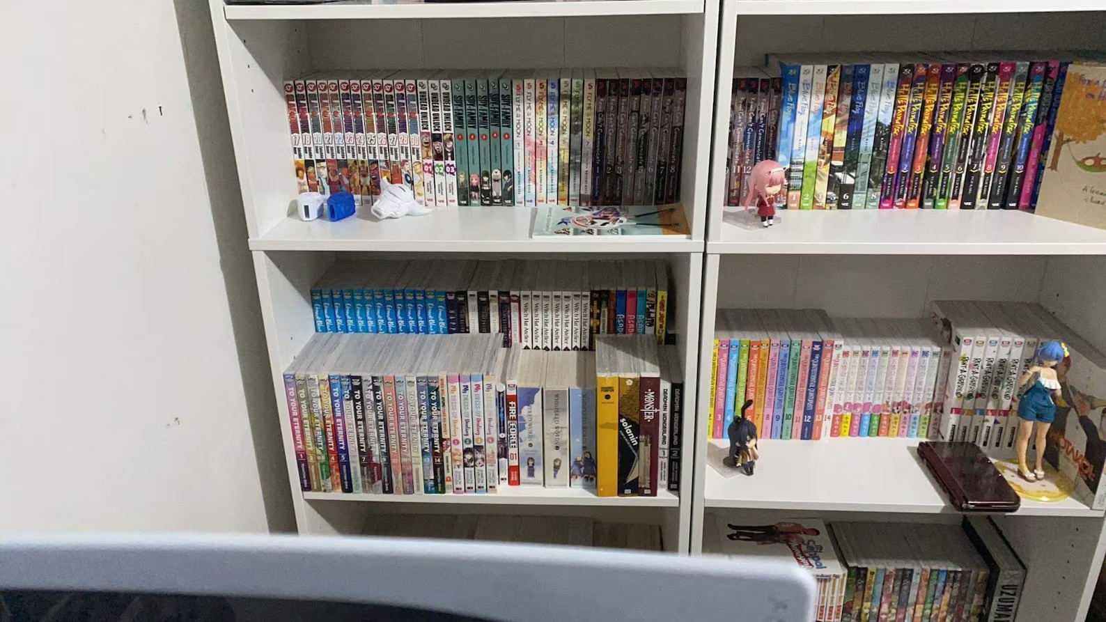 Four shelves filled with manga, anime, and memorabilia