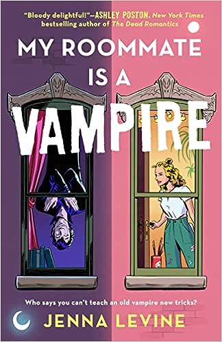 cover of My Roommate is a Vampire by Jenna Levine; illustration of a blonde woman in one window and a vampire hanging upside down in another window.