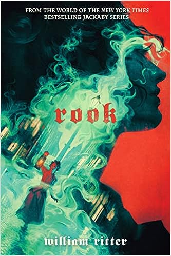cover of Rook by William Ritter; paiting on a woman's face, with a painting of a woman walking at night with a lantern below it