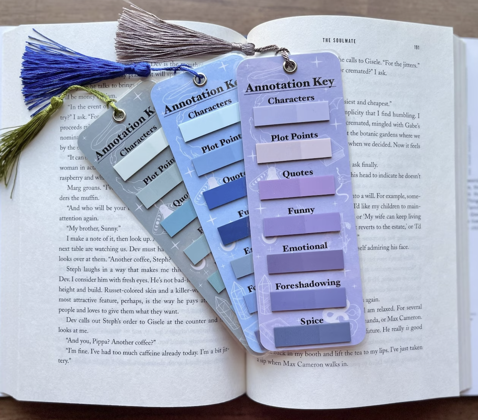 Green, blue, or purple bookmark with tassels and color-coded ombre sticky tabs for annotations