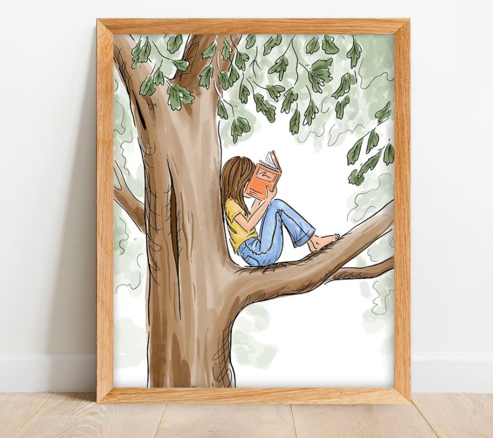 Girl reading in tree print by LA Koerner