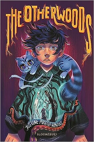 cover of The Otherwoods by Justine Pucella Winans; illustration of a young person with short dark hair, with a blue cat sitting on their shoulders and a scary forest scene on their shirt