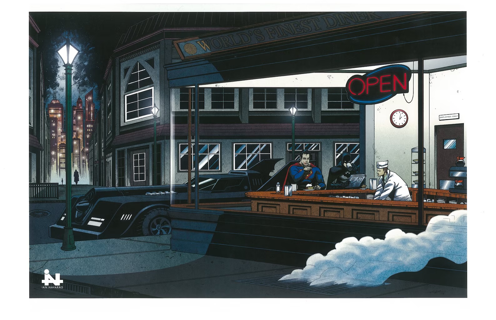 A riff on Edward Hopper's "Nighthawks," featuring Superman and Batman in the diner with the Batmobile parked outside