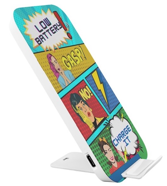 A wireless phone charger with panels inspired by the style of old comic books