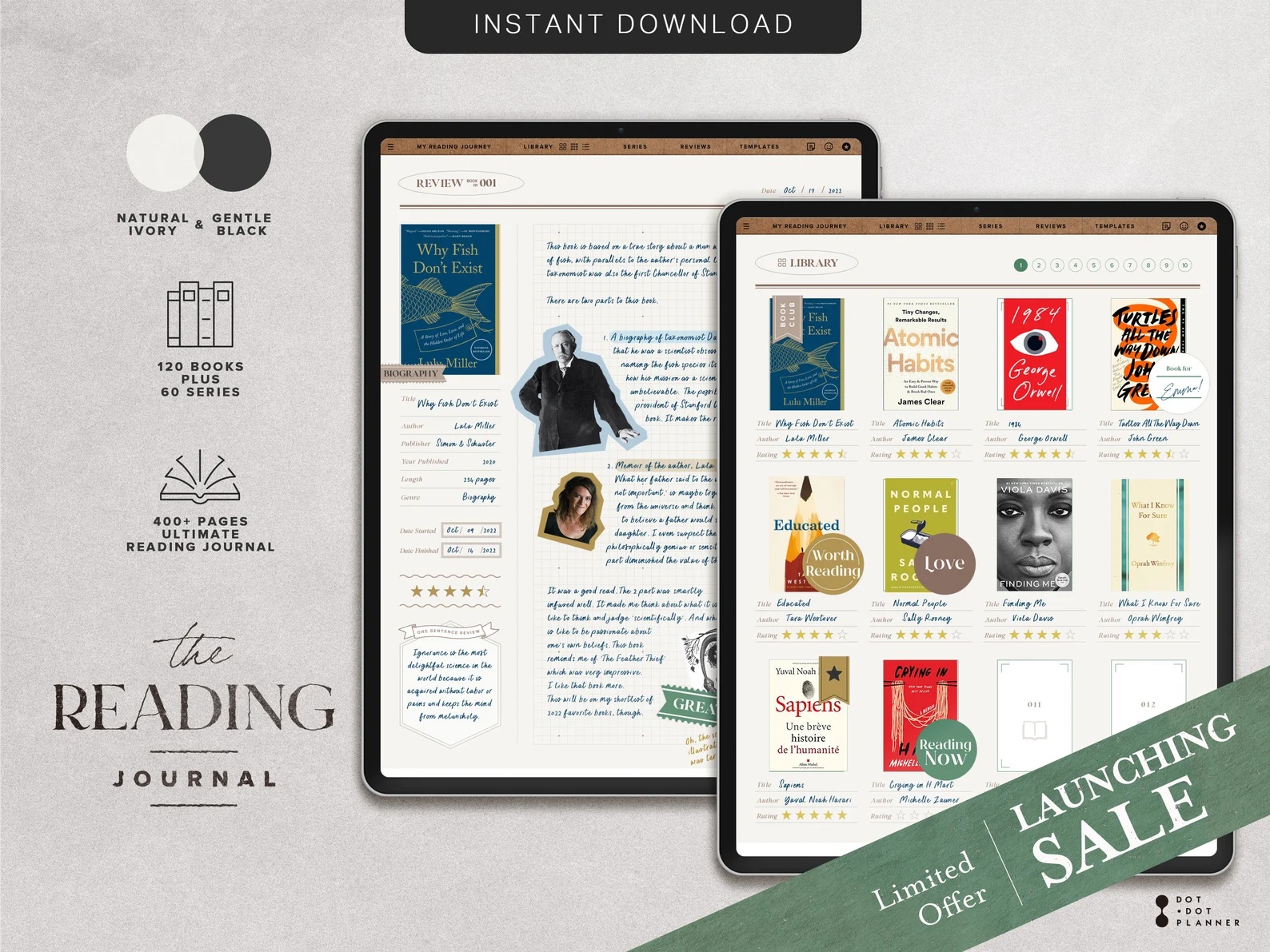 a graphic of an illustration of an iPad featuring a digital reading journal that includes pre-made spreads for readers to keep track of their reading on their iPad.