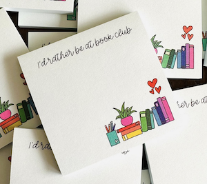 sticky note pad with illustration of books and cursive text saying "I'd rather be at book club"