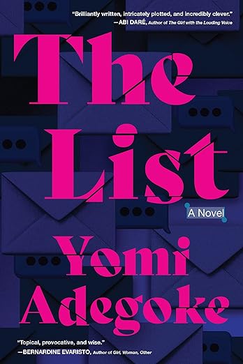 cover of The List by Yomi Adegoke; large pink font over a purple background of online app emojis