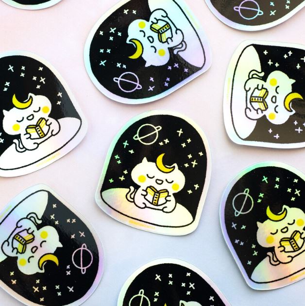 Holographic Reading Cat Stickers by RobotDanceBattle