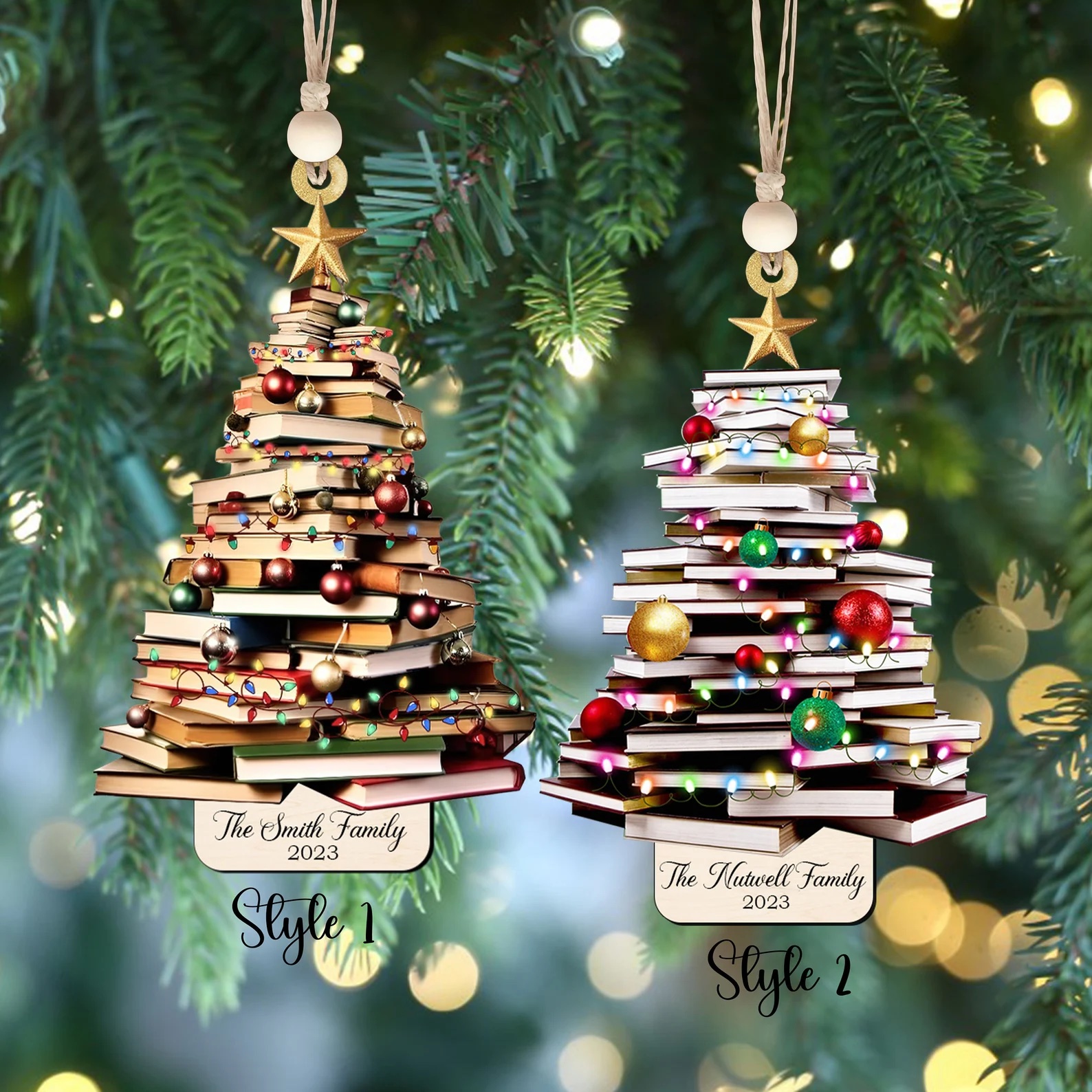 a photo of two ornaments made out of the images of Christmas trees made out of books