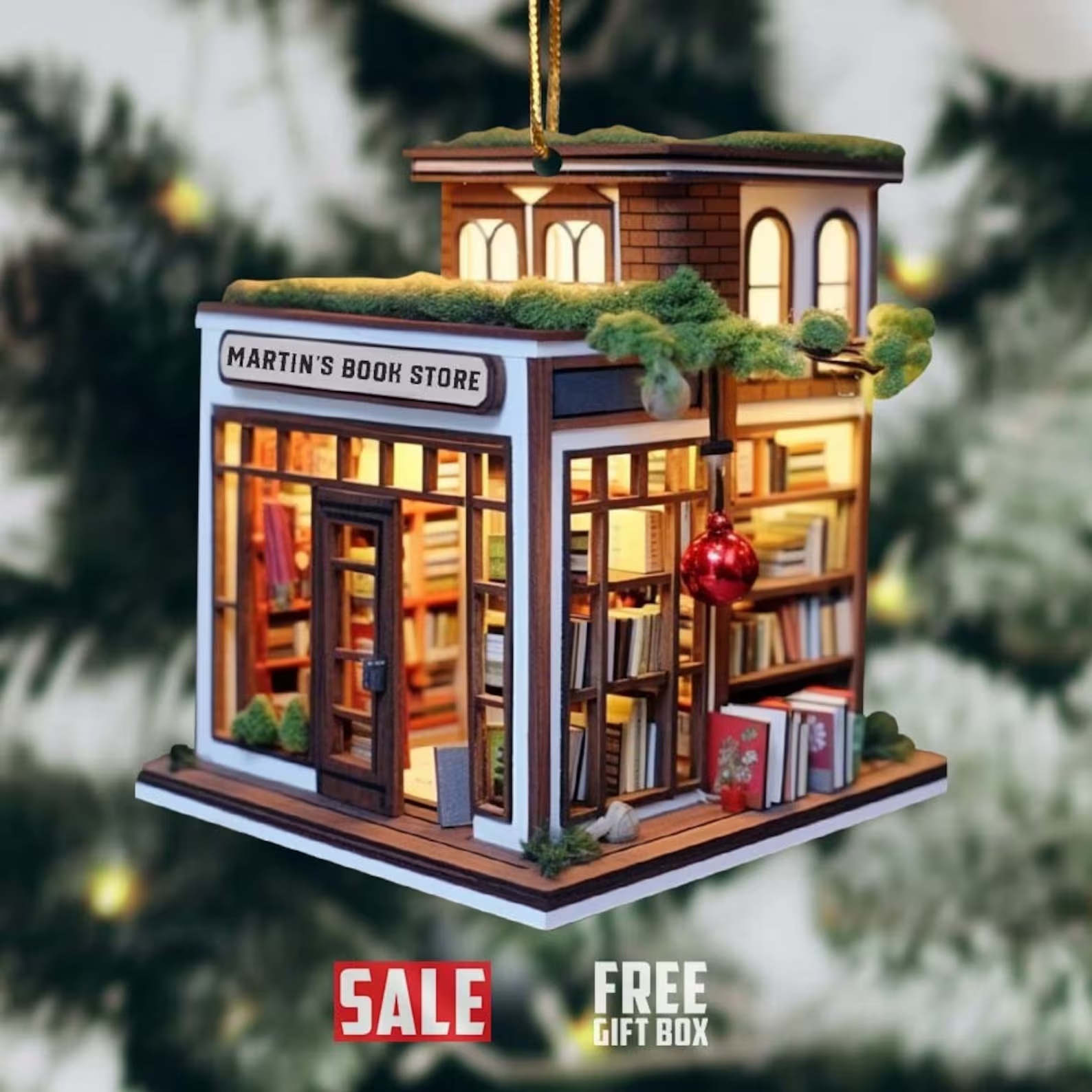 a photo of a tree ornament that features an adorable bookstore