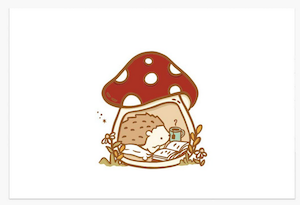 a postcard with an illustration of a hedgehog reading a book inside a mushroom