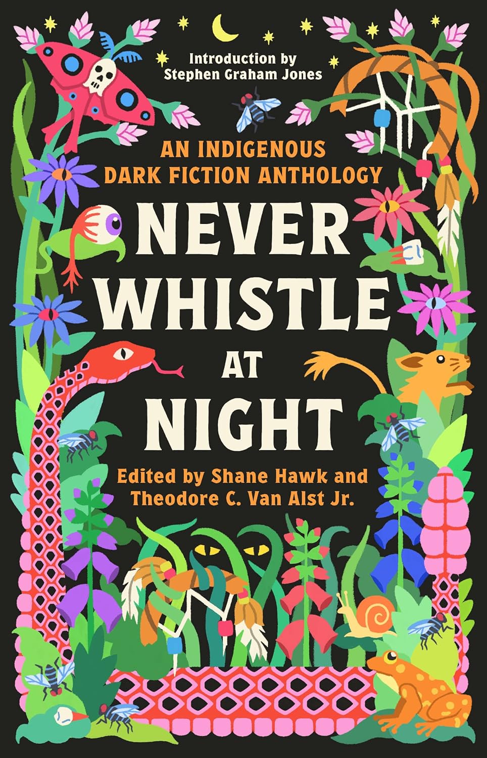 a graphic of a cover of Never Whistle at Night