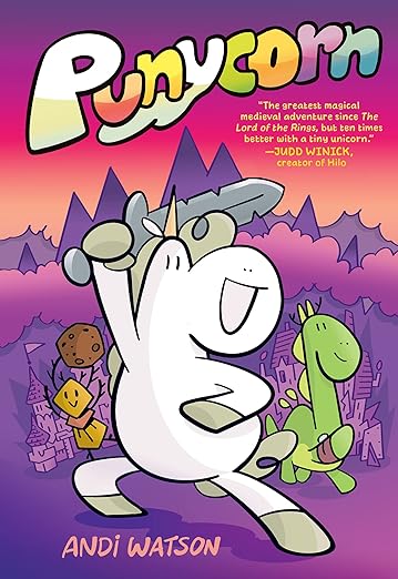 cover of Punycorn by Andi Watson; cartoon of a unicorn wielding a big sword