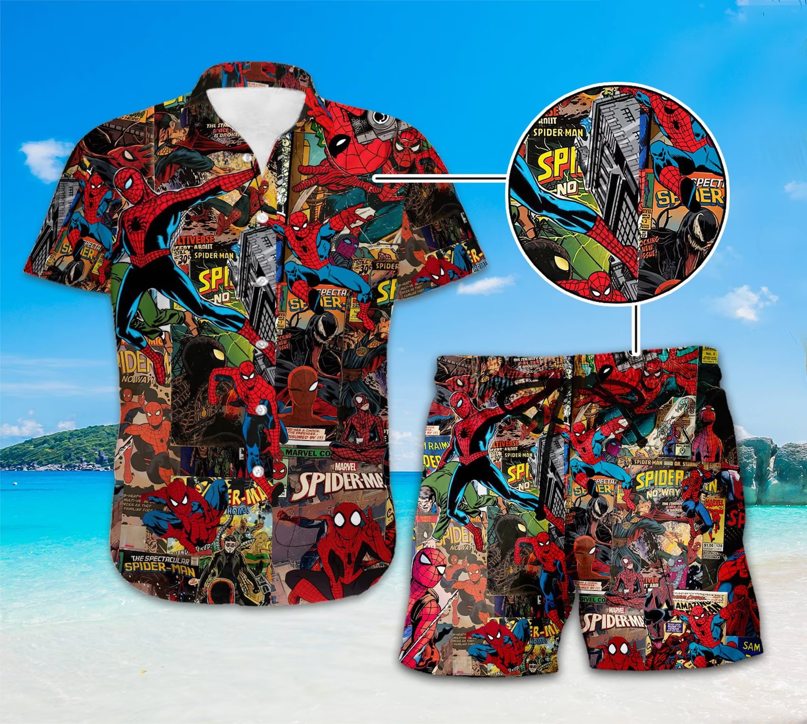 A Hawaiian shirt and matching shorts that feature images from vintage Spider-man comics