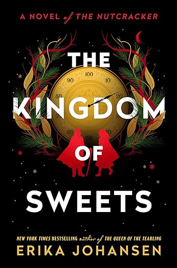 cover of The Kingdom of Sweets: A Novel of the Nutcracker; big gold stopwatch with two small outlines of people in front of it done in red