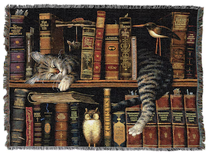 a woven throw with an image of a cat sleeping inside of a bookshelf 