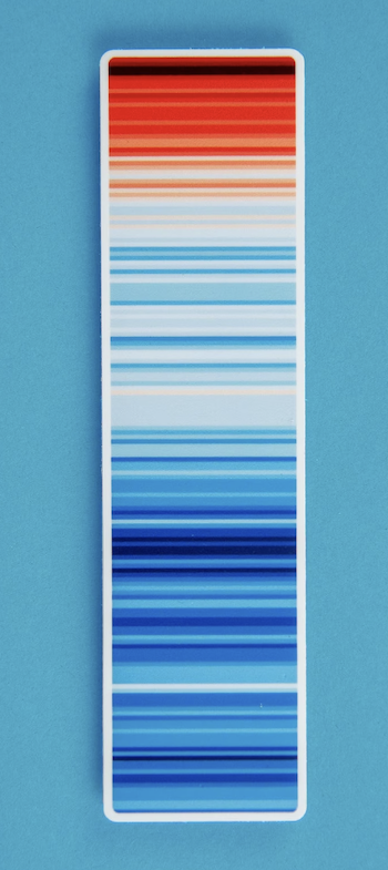 a sticker with stripes of color, beginning with blue and white stripes at the bottom with more red stripes at the top