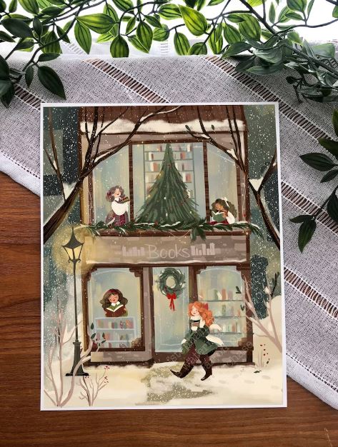 Snowy Bookshop Illustration Art Print by ArtOfStephanieMarie